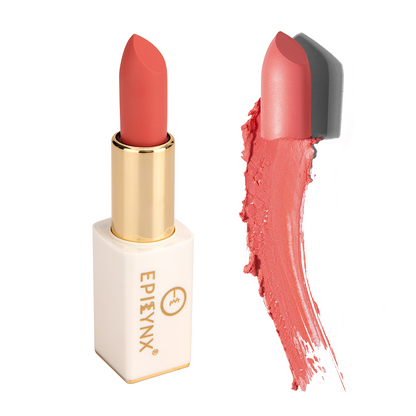 Matte lipstick in coral pink, gold tube and magnetic case with swatch.
