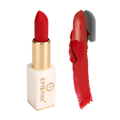 Matte lipstick in true red, gold tube and magnetic case with swatch.