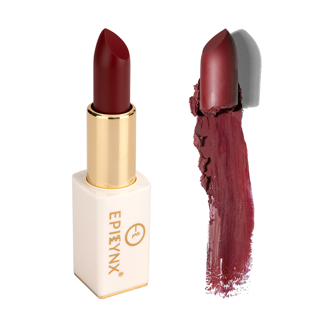 Matte lipstick in burgundy red, gold tube and magnetic case with swatch.