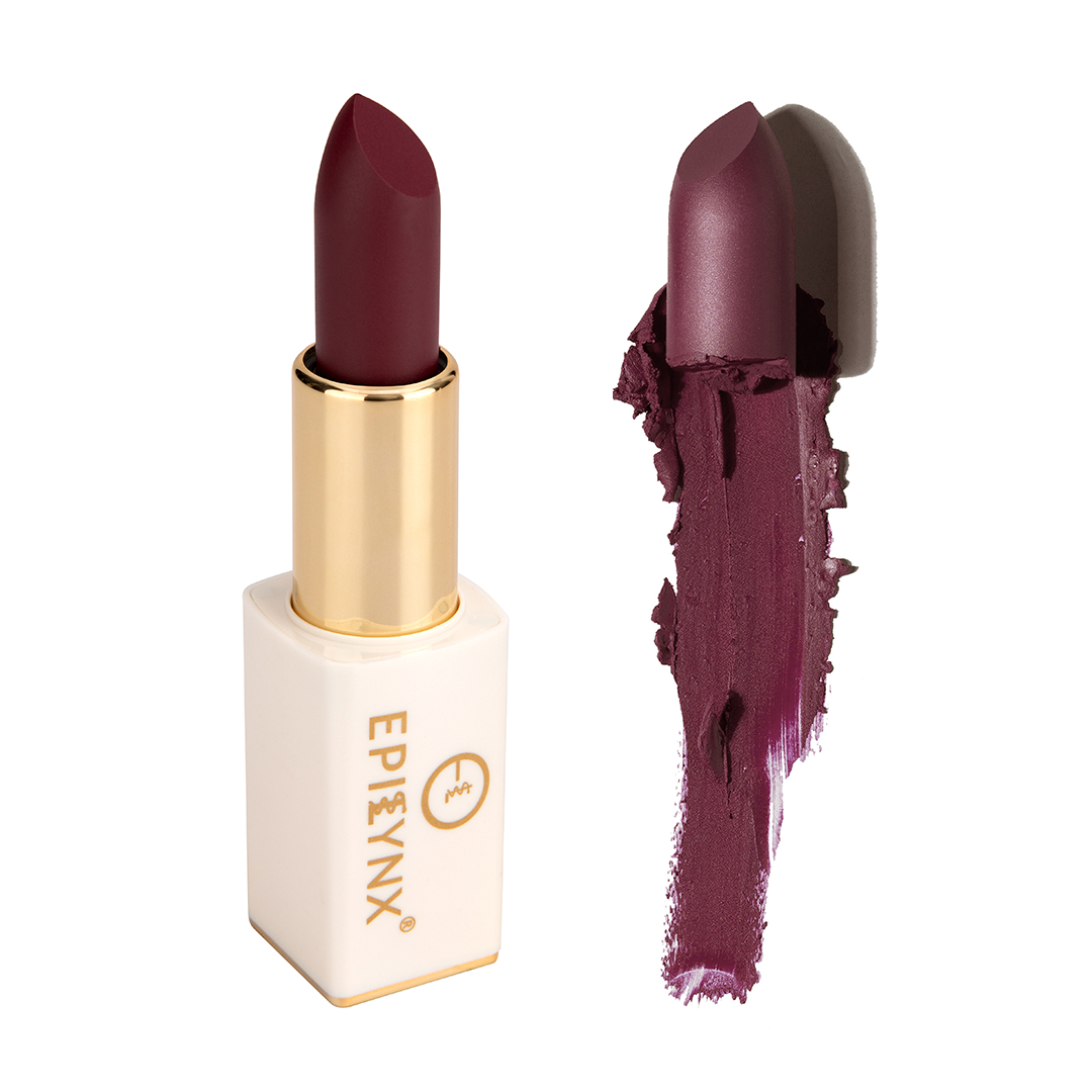 Matte lipstick in deep plum, gold tube and magnetic case with swatch.