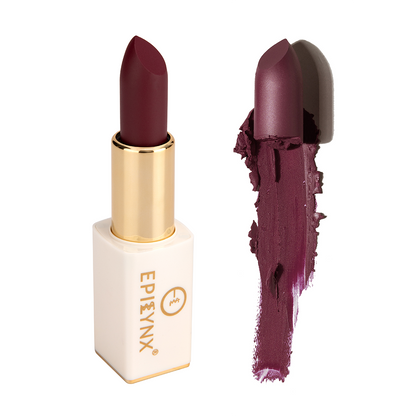 Matte lipstick in deep plum, gold tube and magnetic case with swatch.
