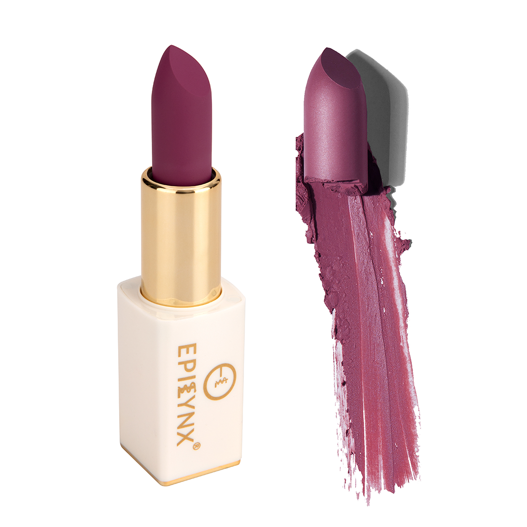 Matte lipstick in mauve purple, gold tube and magnetic case with swatch.