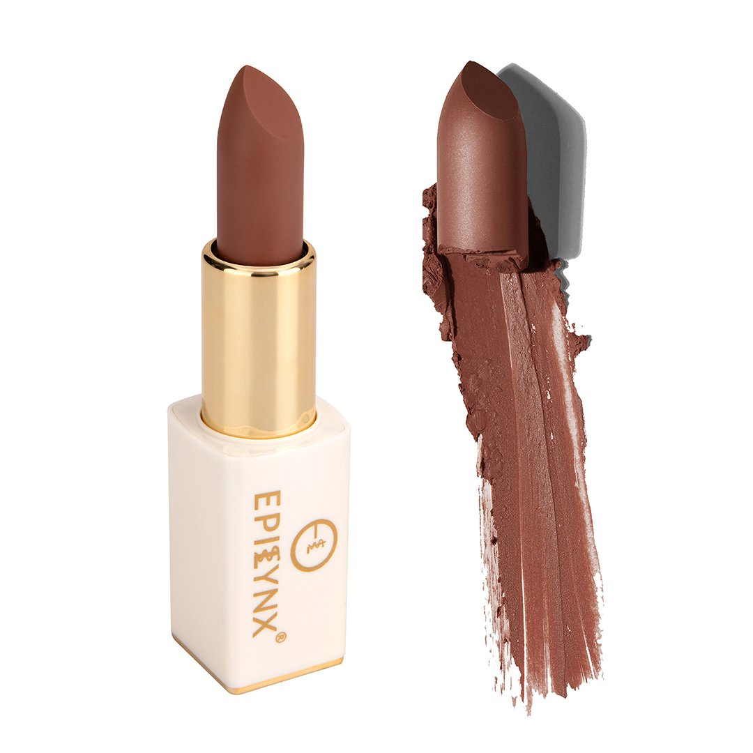 Matte lipstick in warm caramel brown, gold tube and magnetic case with swatch.
