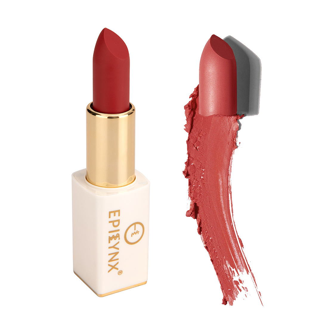 Matte lipstick in vivid red, gold tube and magnetic case with swatch.