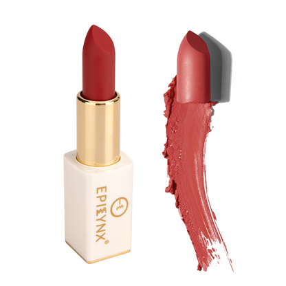 Matte lipstick in vivid red, gold tube and magnetic case with swatch.