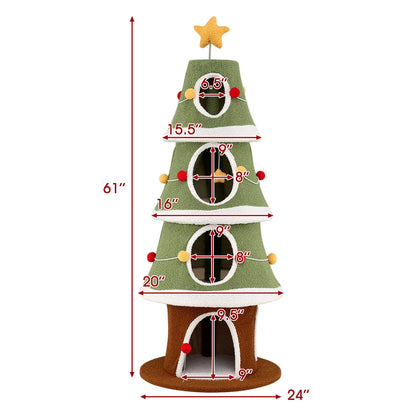 Large Christmas Cat Tree for Indoor Cats 61 Inch Cute Cat Tower with 4 Condos-Green