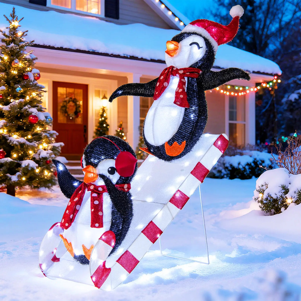 Lighted Christmas Decoration Penguins 3D Pre-Lit Penguins Slide with 170 LED Lights