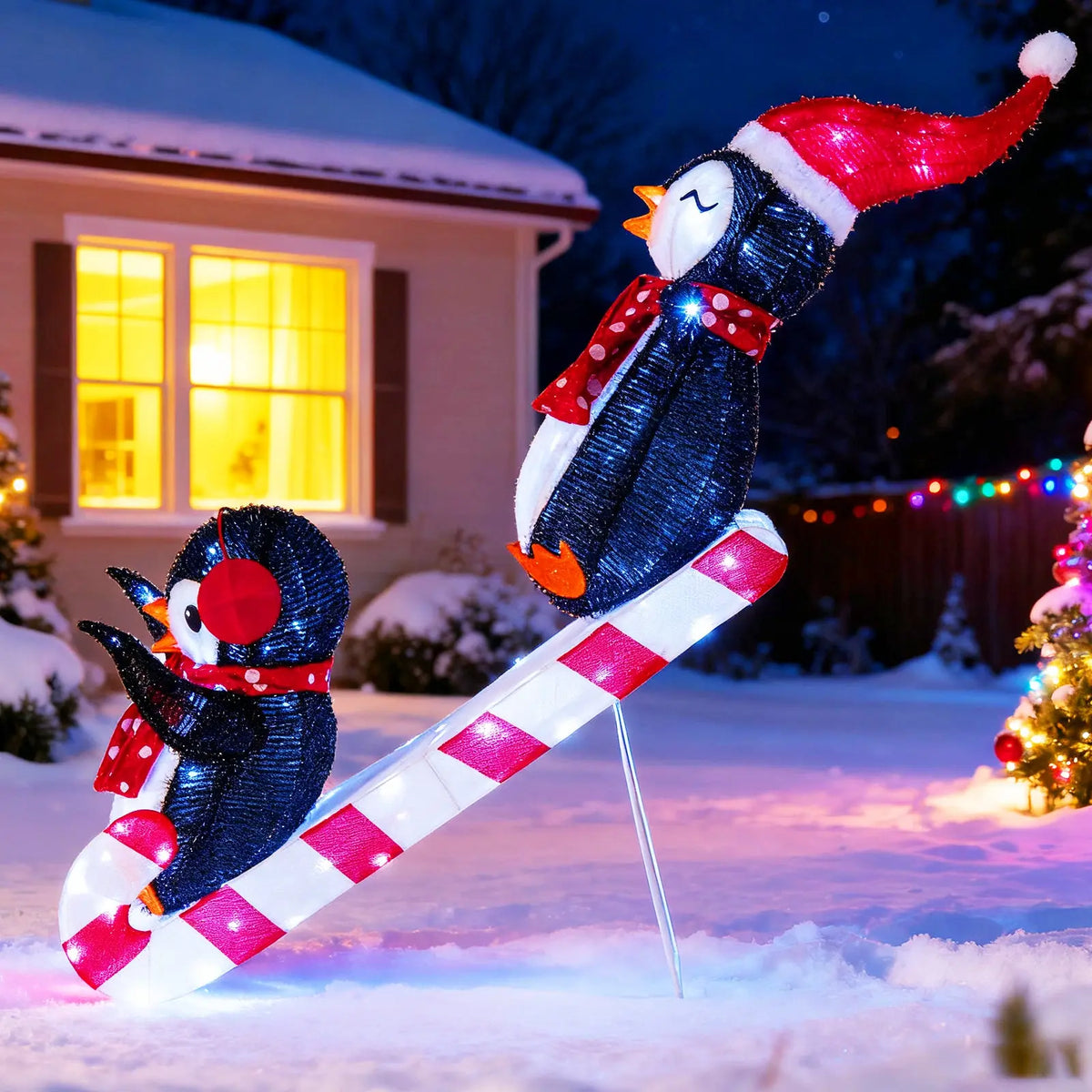 Lighted Christmas Decoration Penguins 3D Pre-Lit Penguins Slide with 170 LED Lights