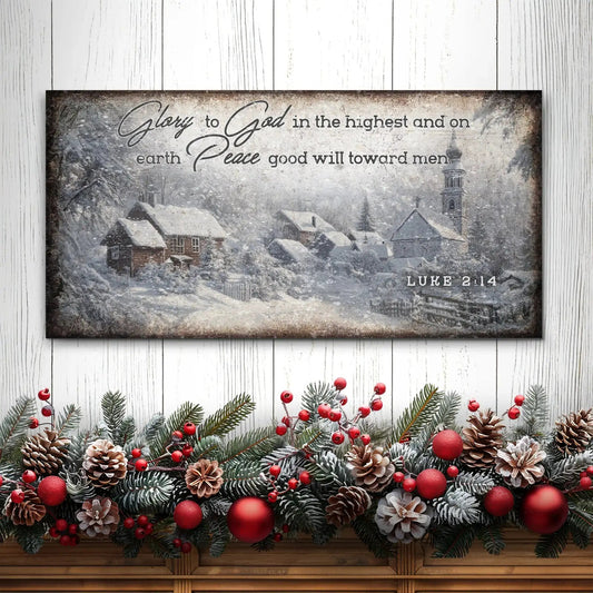 Vintage Christmas Village Luke 2:14 Scripture Sign II Tailored Canvases 20x10 inch Medium Premium Gallery Wrapped 48x24 inch Large Premium Gallery Wrapped 60x30 inch Extra Large Premium Gallery Wrapped 20x10 inch Medium Premium Gallery Wrapped-48x24 inch Large Premium Gallery Wrapped-60x30 inch Extra Large Premium Gallery Wrapped-