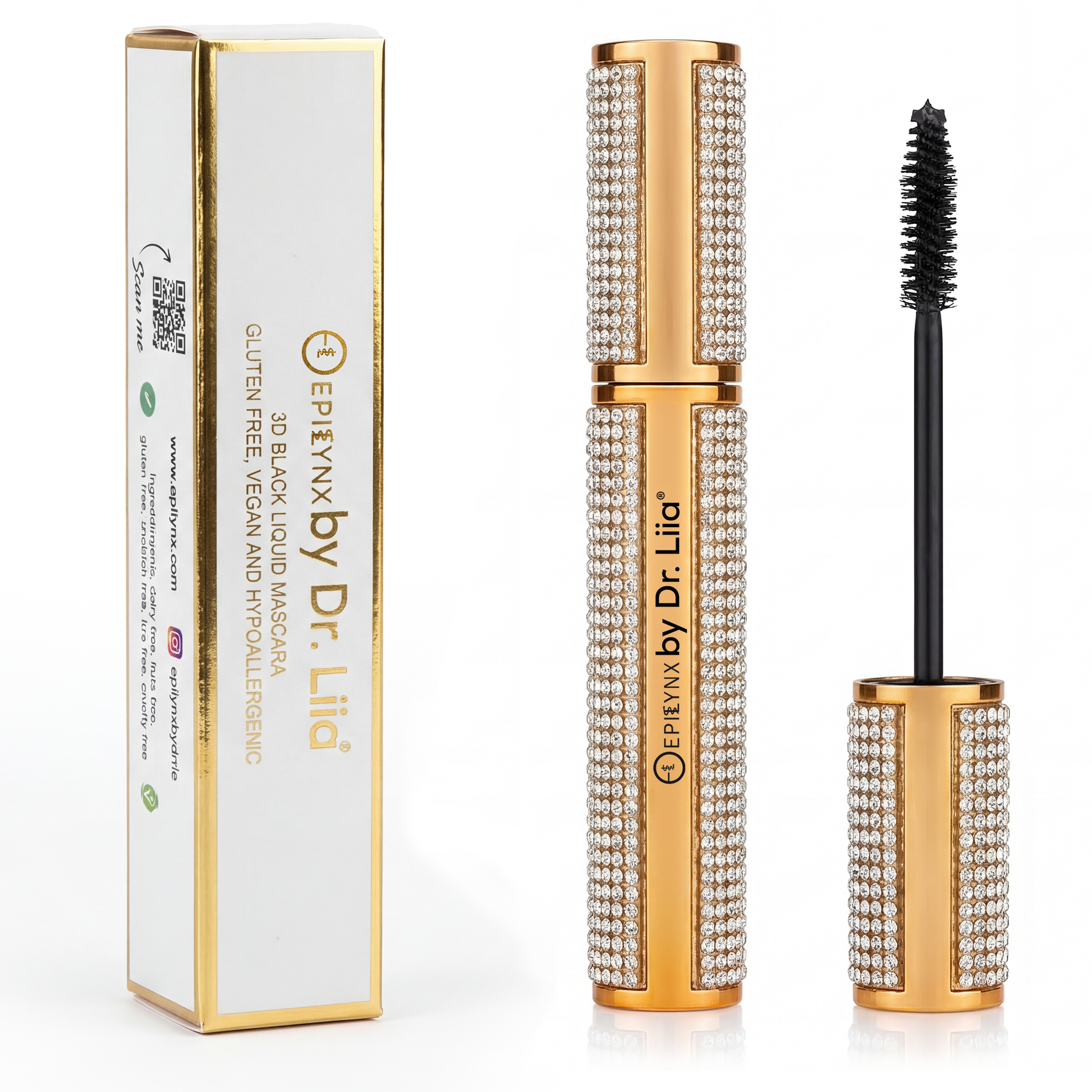 Mascara box and rhinestone tube with applicator wand, black mascara
