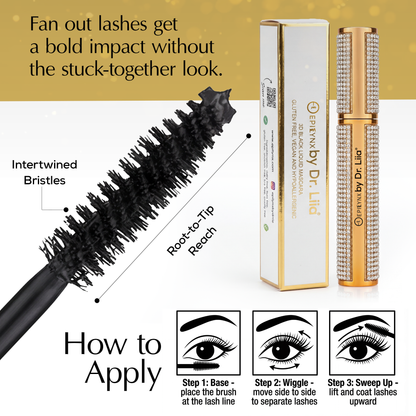 Mascara wand with dense bristles and diamond rhinestone case beside box