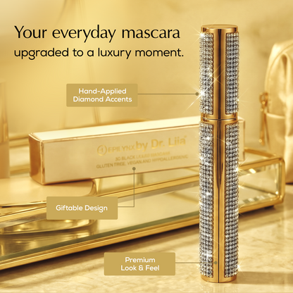 Rhinestone mascara tube with gold case and matching gift box