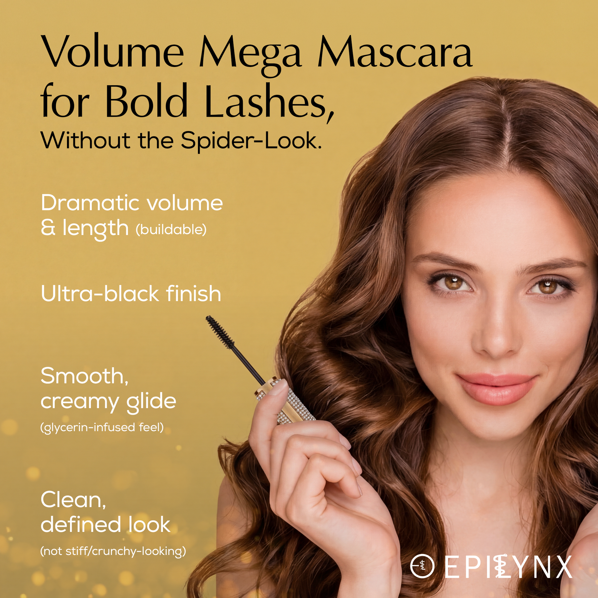 Volume mascara with sleek black wand, model close-up holding applicator