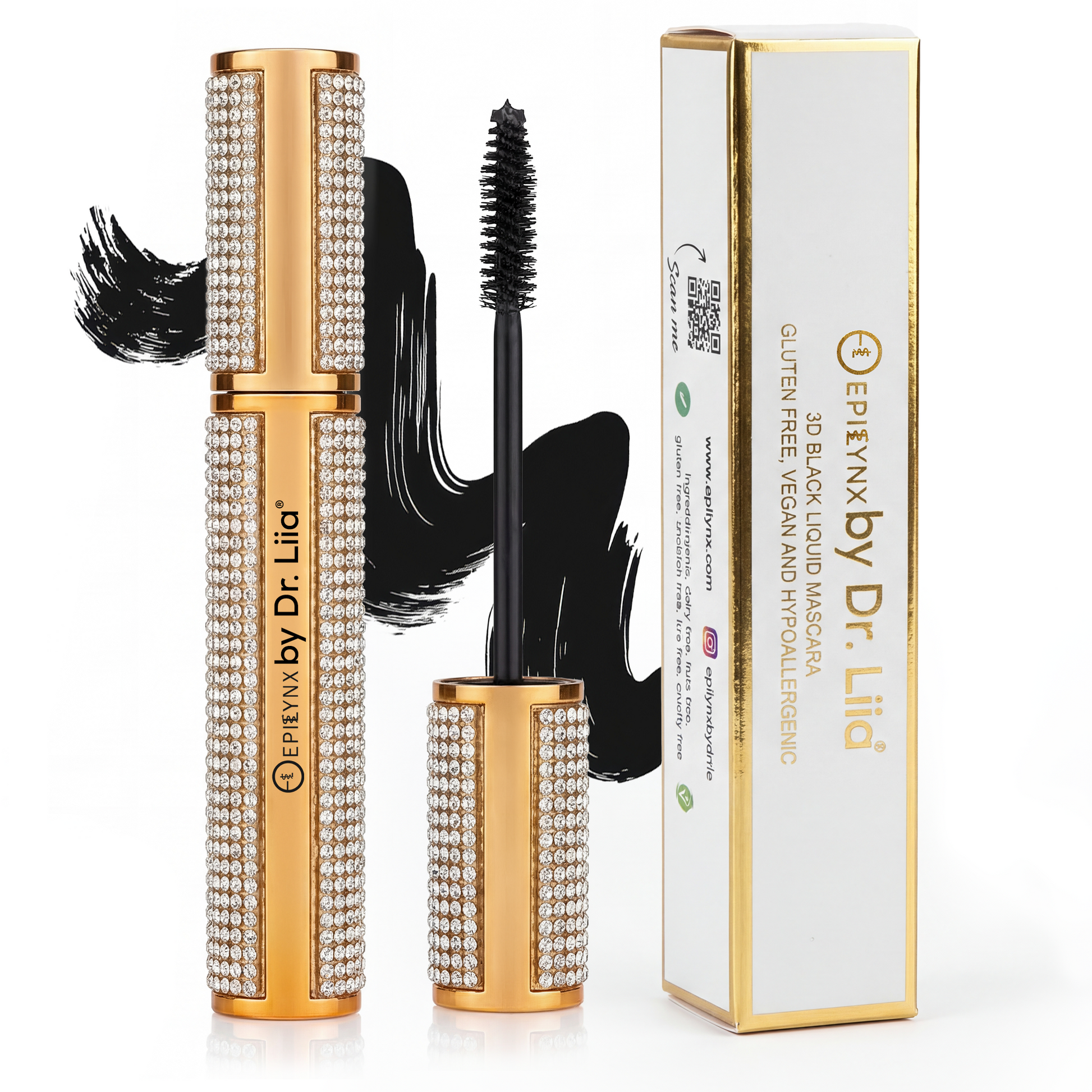Rhinestone mascara tubes with applicator brush and gold gift box packaging