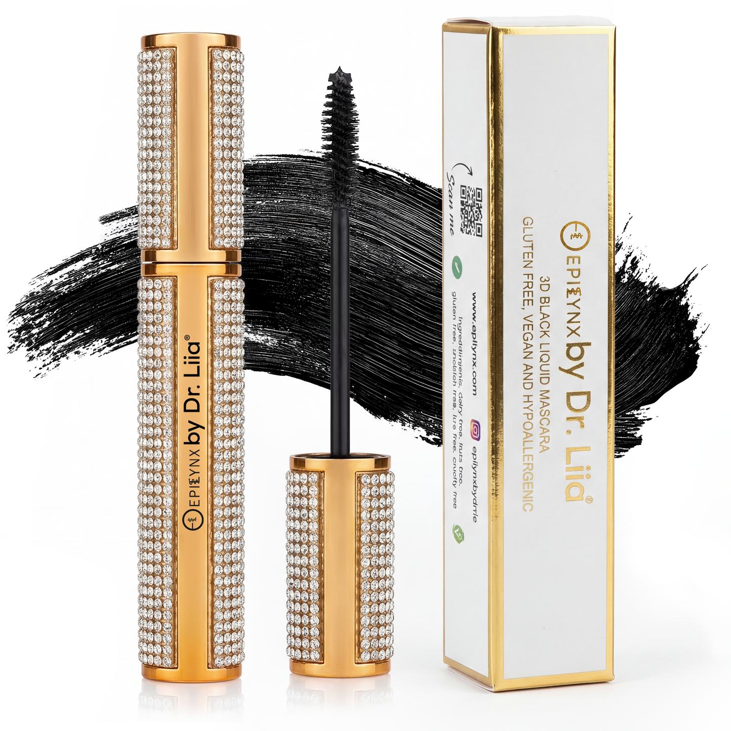 Rhinestone mascara tube, wand with bold black lashes, and product box