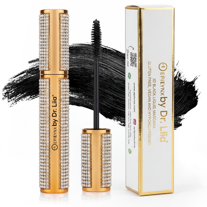 Rhinestone mascara tube, wand with bold black lashes, and product box