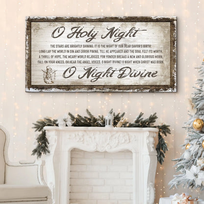 Framed “O Holy Night” wall sign above a white fireplace mantel