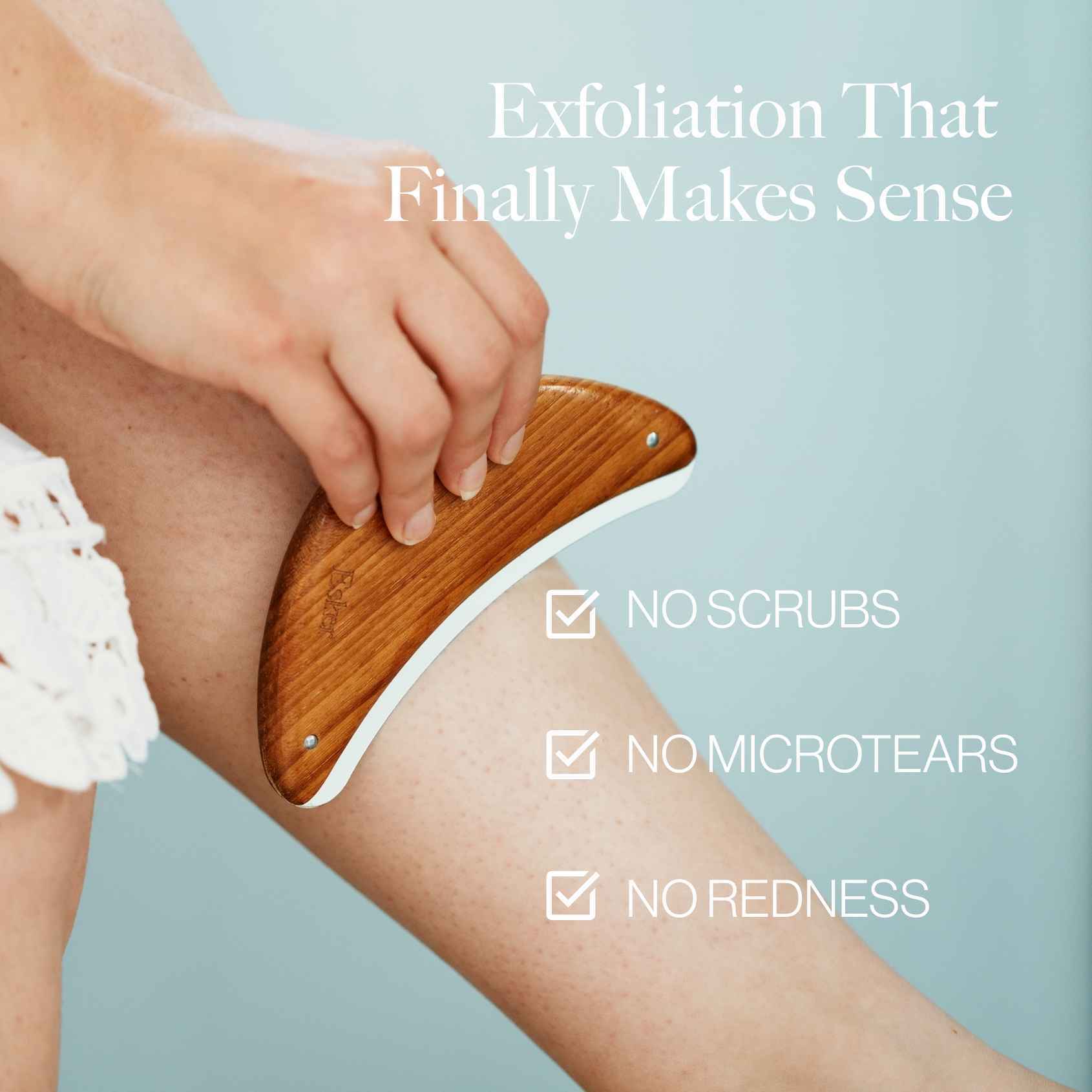 Wooden exfoliation blade pressed to leg for body planning, with checklist icons