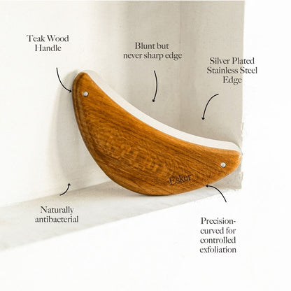 Wooden exfoliation blade with silver-plated steel edge and curved handle