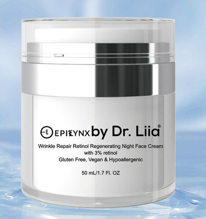 Retinol night face cream jar with clear container and silver band