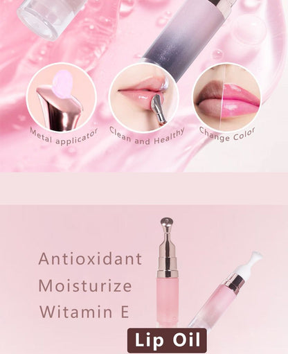 Lip oil applicator and metal applicator tips shown on lip care packaging.