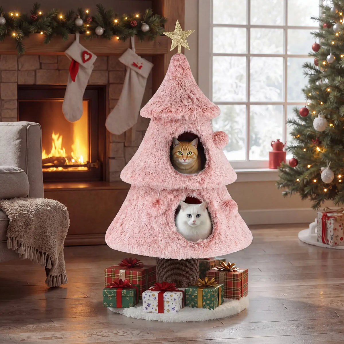 Christmas Cat Tree for Indoor Cats 48.5 inch Cute Cat Tower with 2 Large Condos Scratching Post-Green