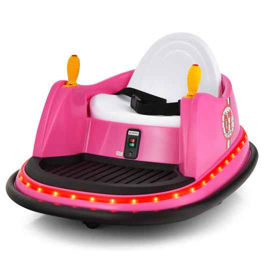 Pink 12V kids electric bumper car with white steering wheel and glowing LED bumper lights
