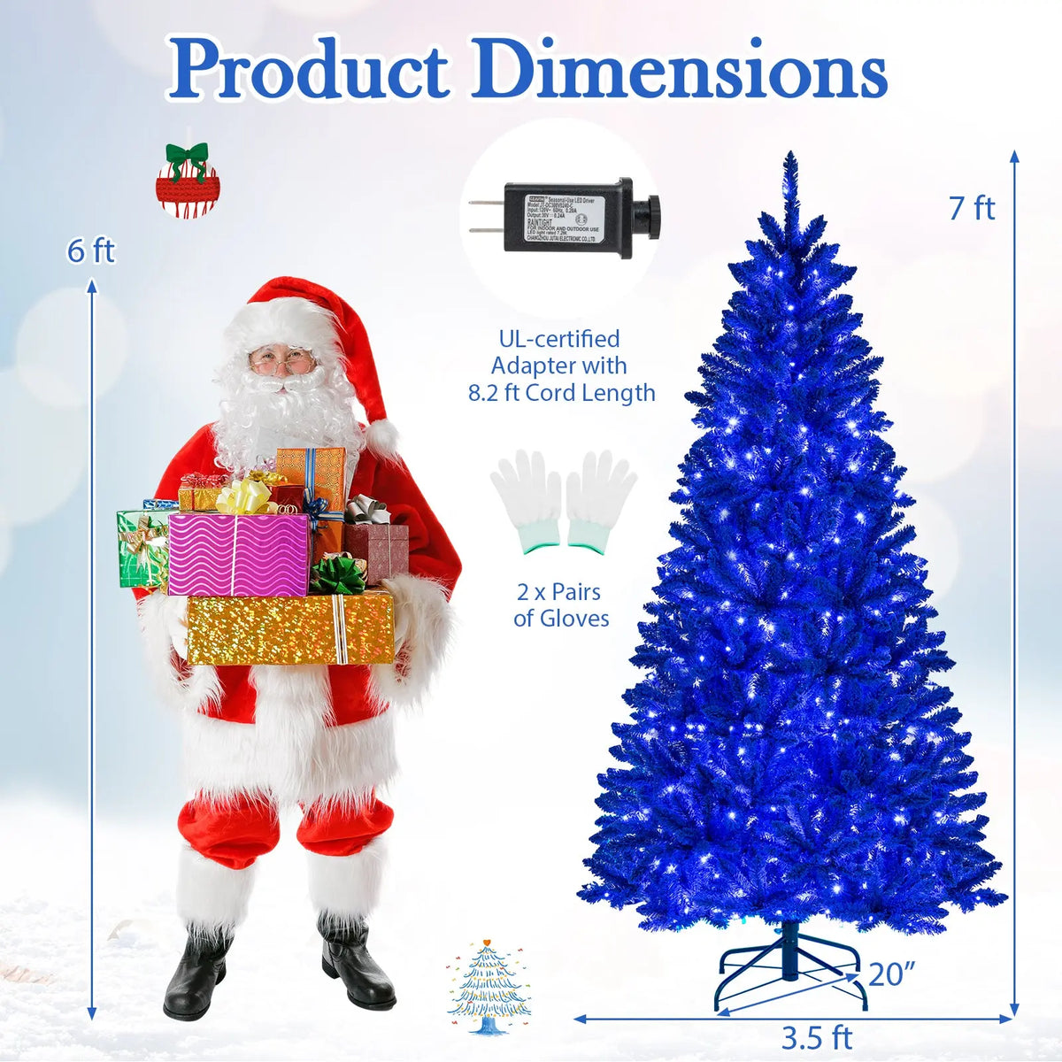 Pre-Lit Artificial Christmas Tree with 340 Blue LED Lights and 3 Modes-7 ft