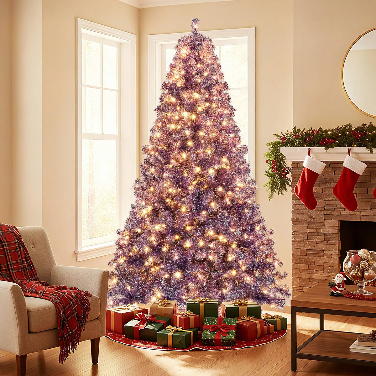 Pre-Lit Tinsel Christmas Tree Artificial Xmas Tree with Lush Branch Tips and Warm White LED Lights