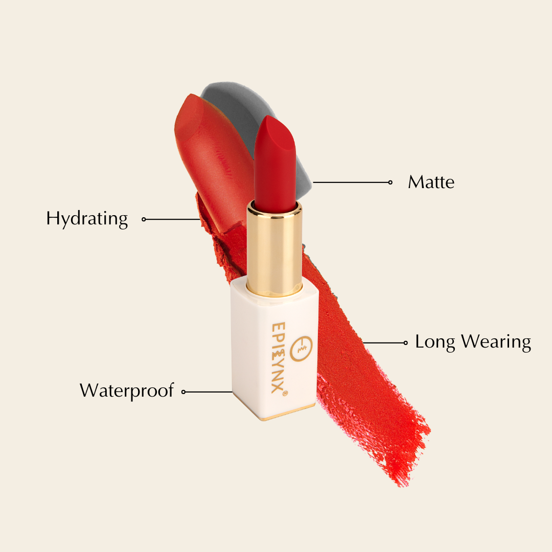 Hydrating matte lipstick with red bullet and red swatch smear on the side