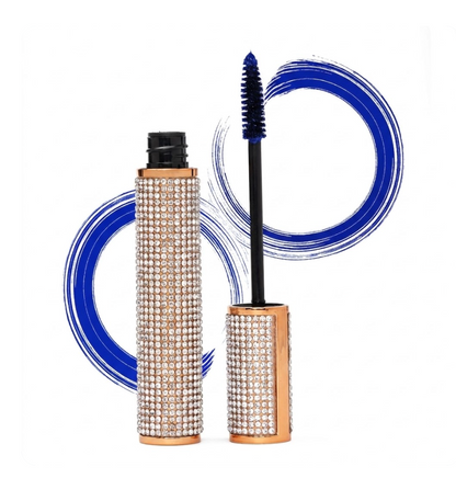 Blue and black mascara tubes with rhinestone gem cases and matching brushes