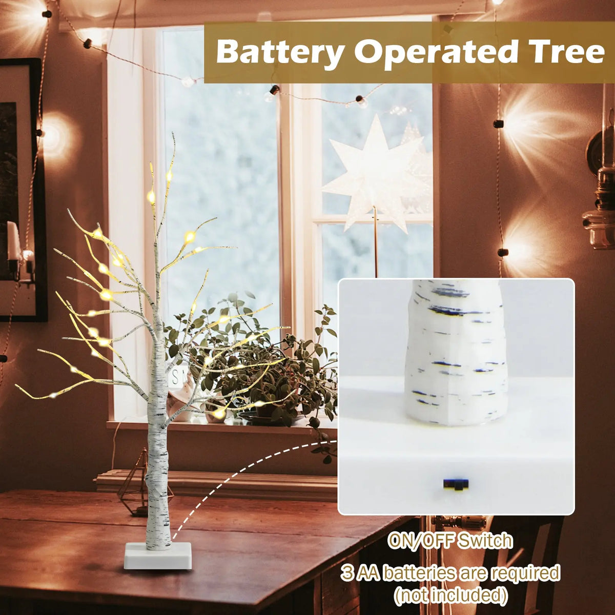 Set of 2 Pre-lit White Twig Birch Tree Battery Powered for Christmas Holiday