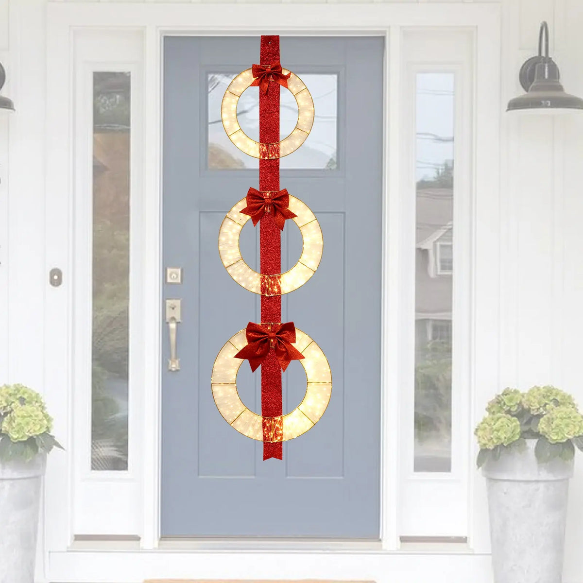 Set of 3 Christmas Lighted Wreaths with Warm White LED Lights and Bows