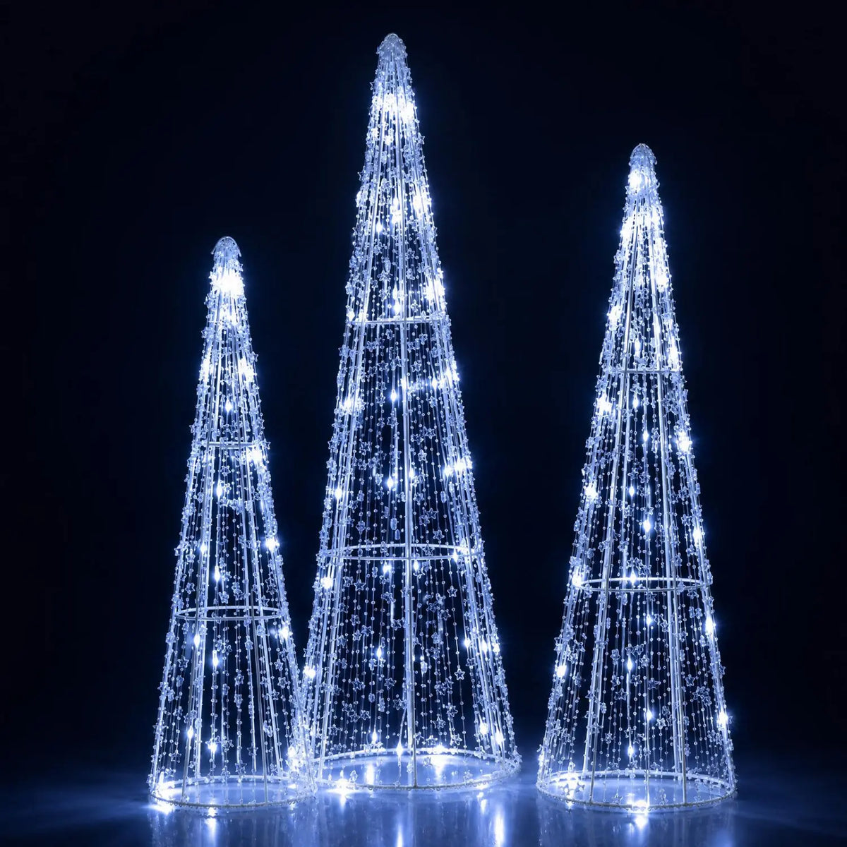 Pre-Lit Christmas Cone Trees Set of 3 with Cold White Lights