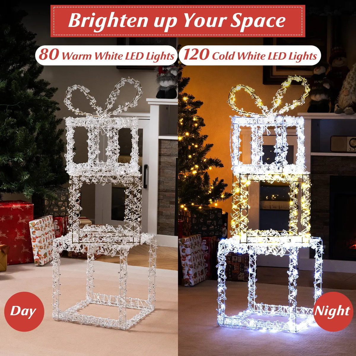 Stacked Lighted Gift Boxes Set of 3 Pre-Lit Christmas Present Box Lights