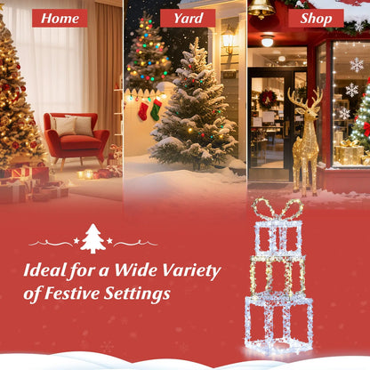 Stacked Lighted Gift Boxes Set of 3 Pre-Lit Christmas Present Box Lights