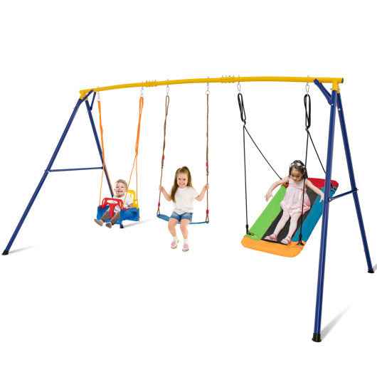 Yellow heavy duty carbon steel swing frame with 3 hanging swings, blue A-frame legs