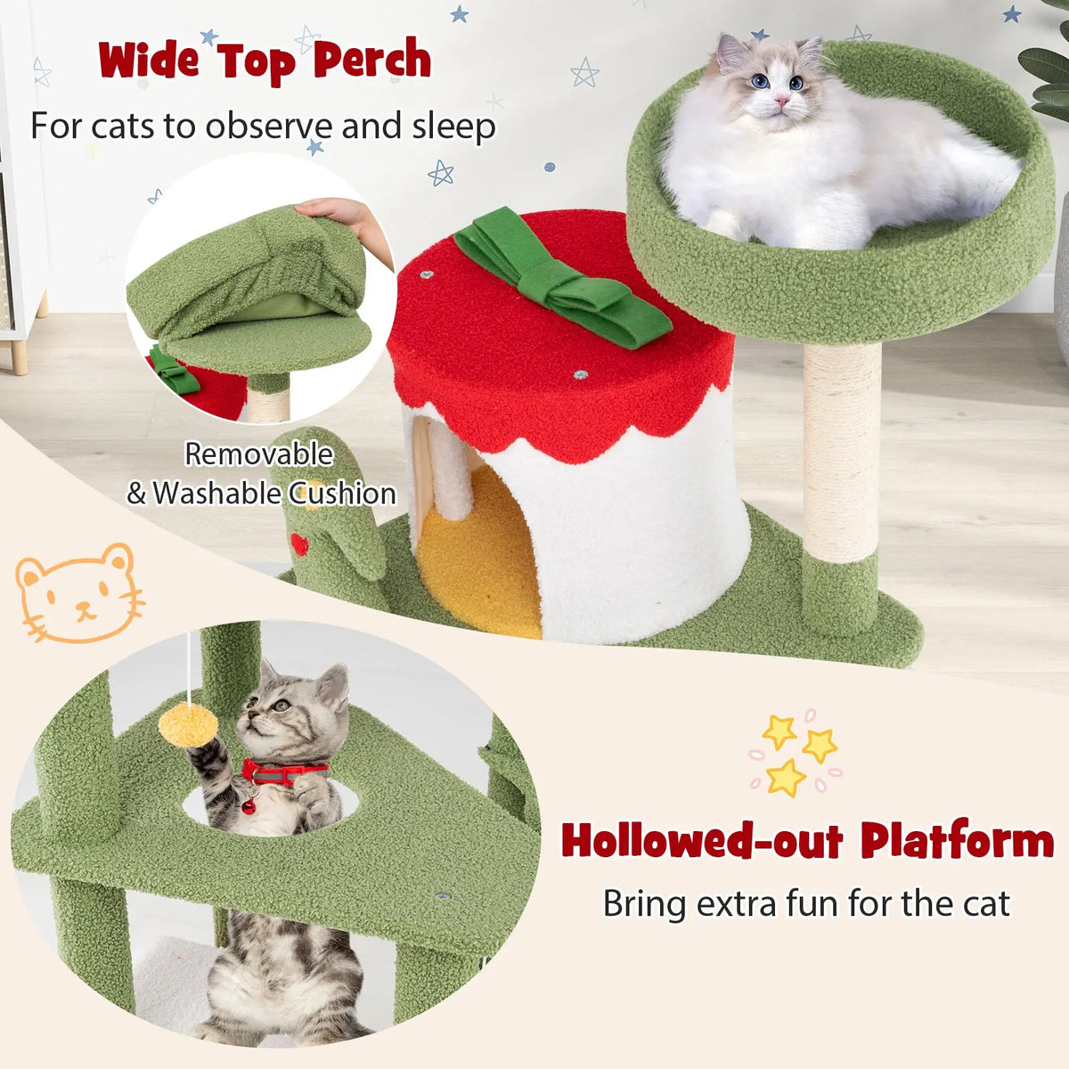 61 Inches Cute Christmas Cat Tree with Sisal Scratching Posts and 2 Condos-Green