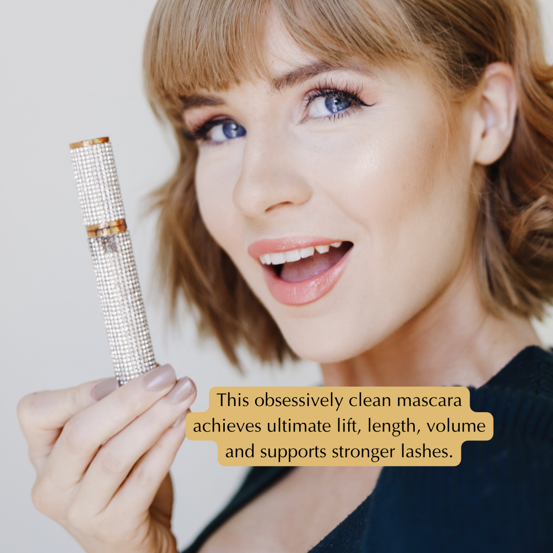 Mascara in sparkling diamond case held near face, model with lifted lashes