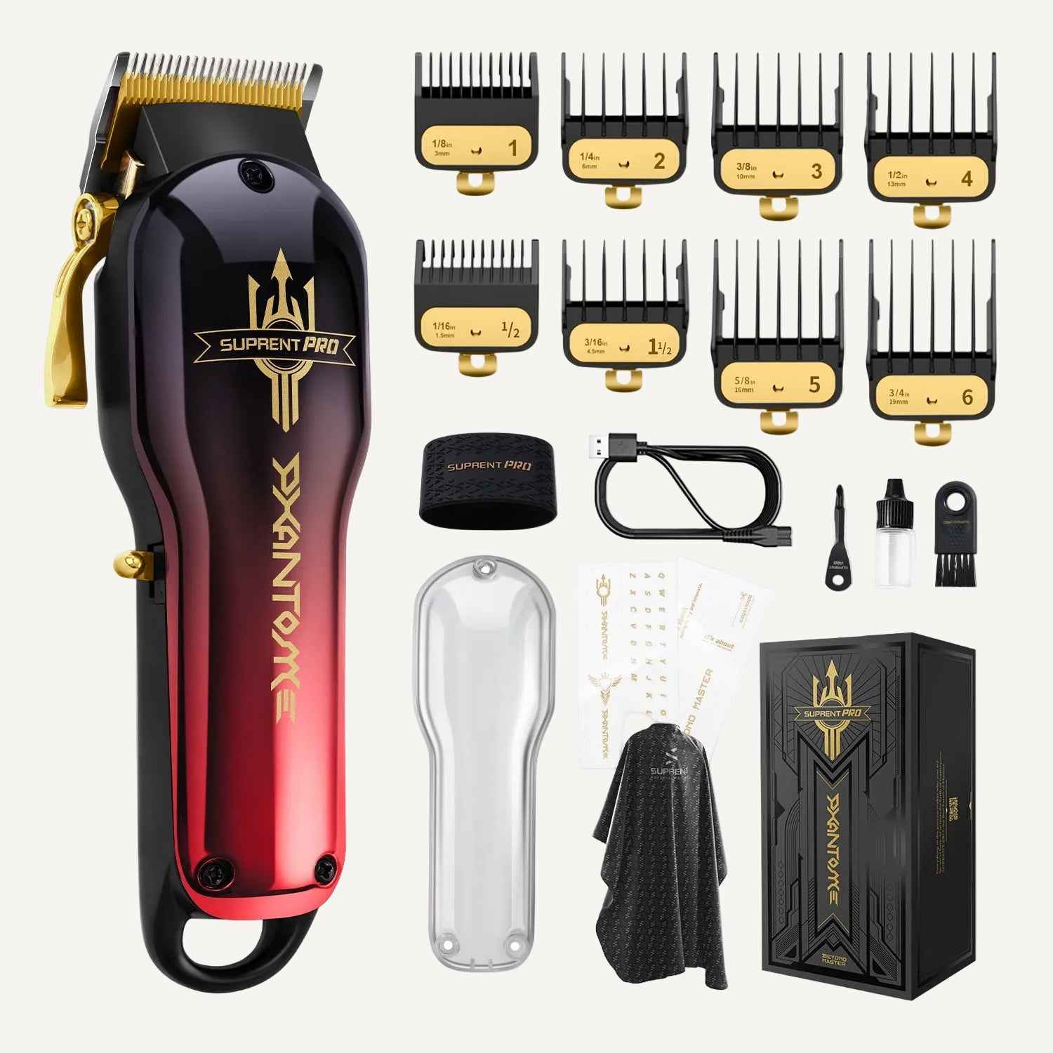 Rose/black hair clipper kit with blades, guards, cord, comb and case