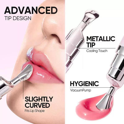 Lip gloss applicator with metallic tip dispensing pink gel.