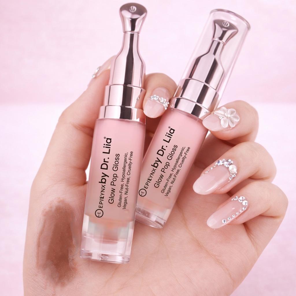 Lip gloss tubes held in hand, clear caps; tinted oil shades with glossy finish on nails.