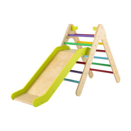 Wooden triangle climber set with green slide and light wood frame, multicolor rungs