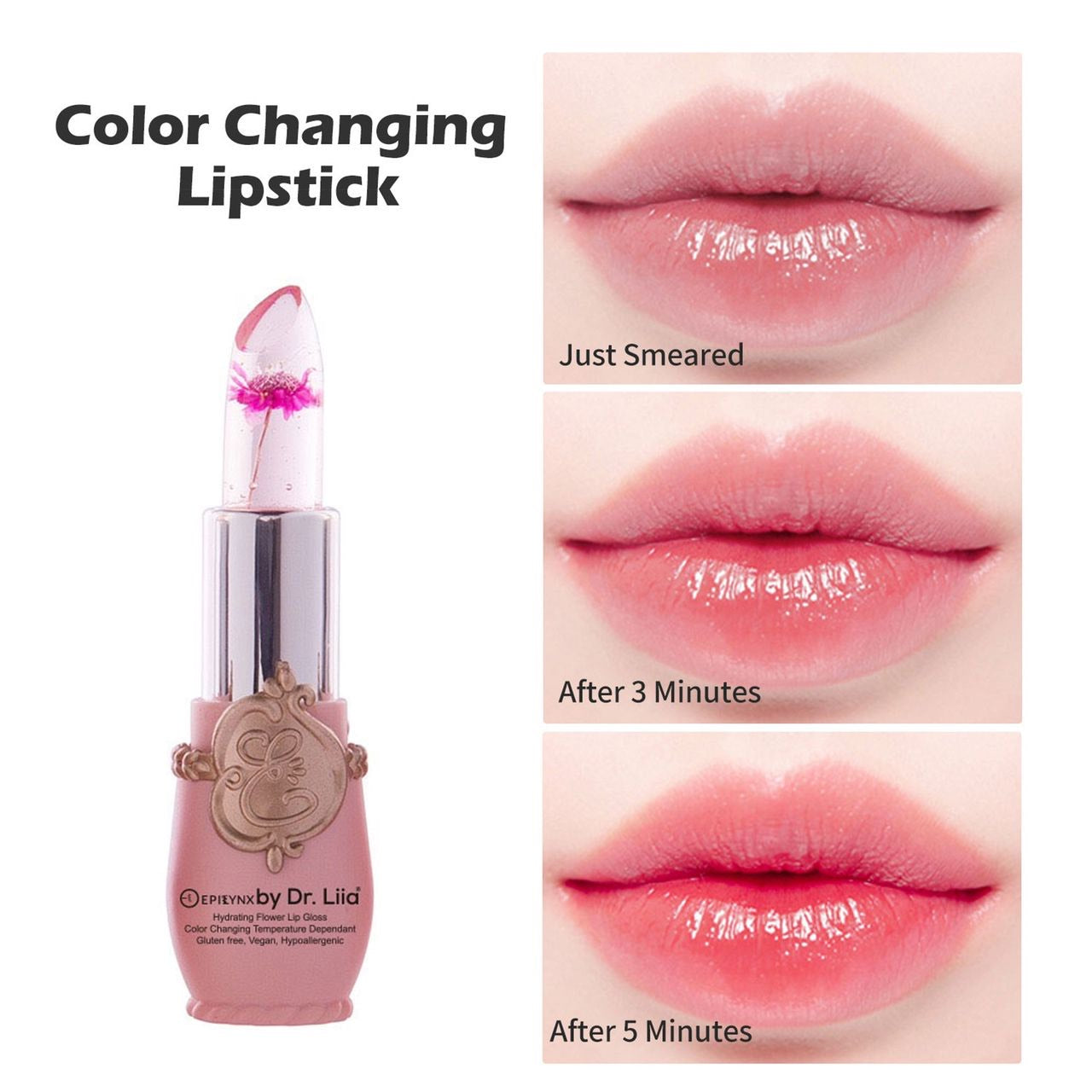 Flower lip gloss with pink cone tip beside lip close-ups labeled for timed wear