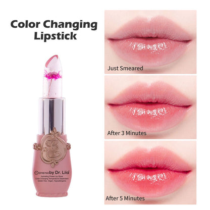 Flower lip gloss with pink cone tip beside lip close-ups labeled for timed wear