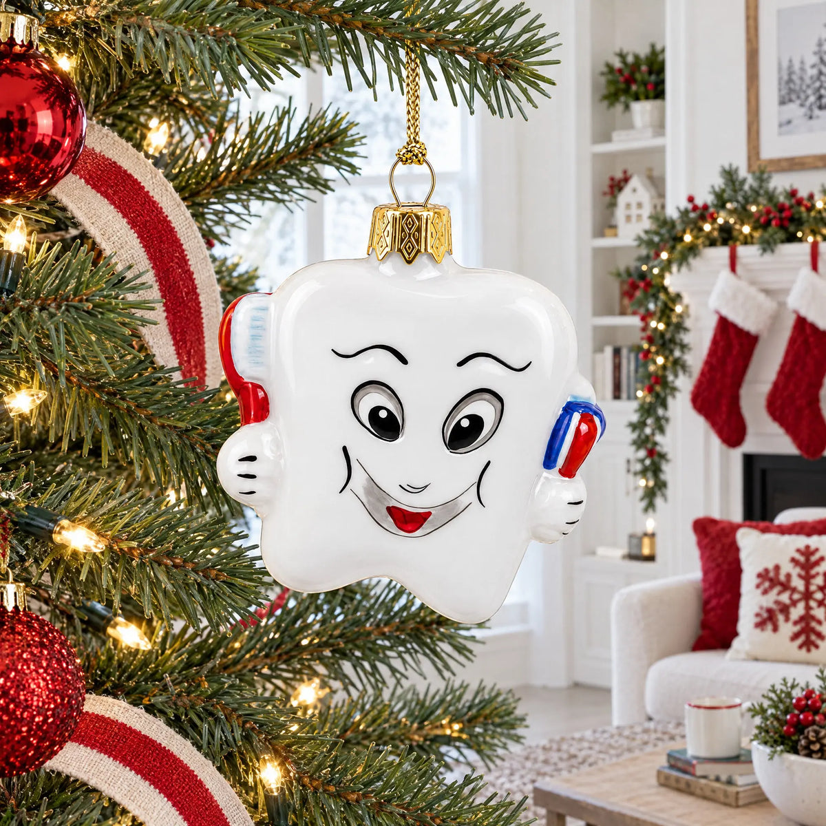 Smiling Tooth with Toothbrush and Toothpaste Dental Glass Christmas Ornament