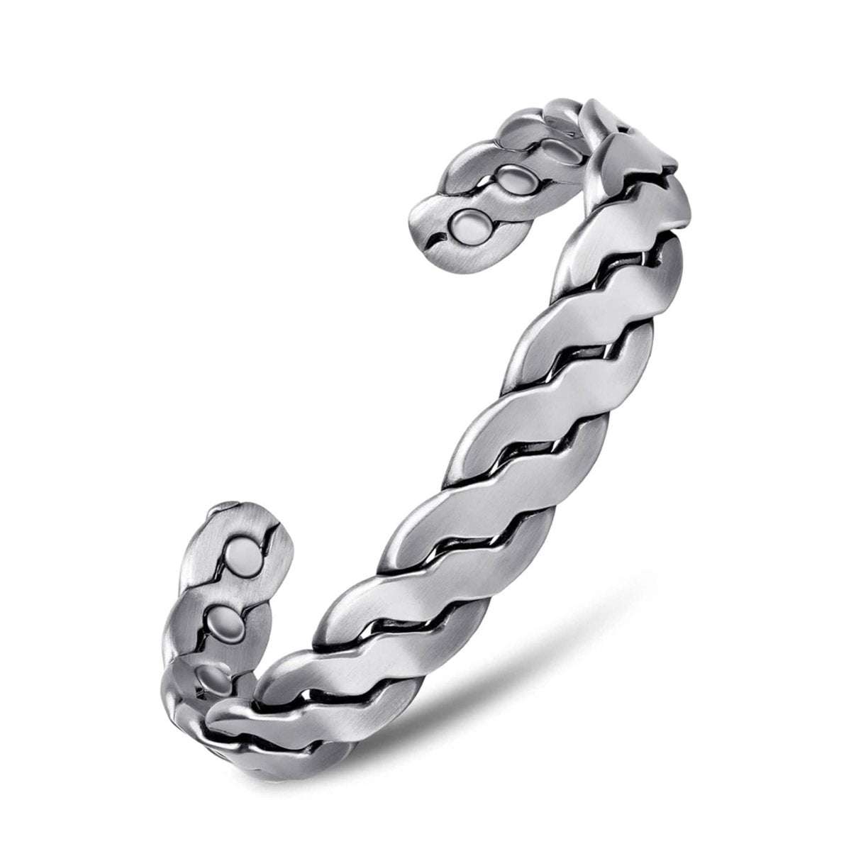 Silver magnetic therapy bracelet bangle with twisted links and circular magnetic insets