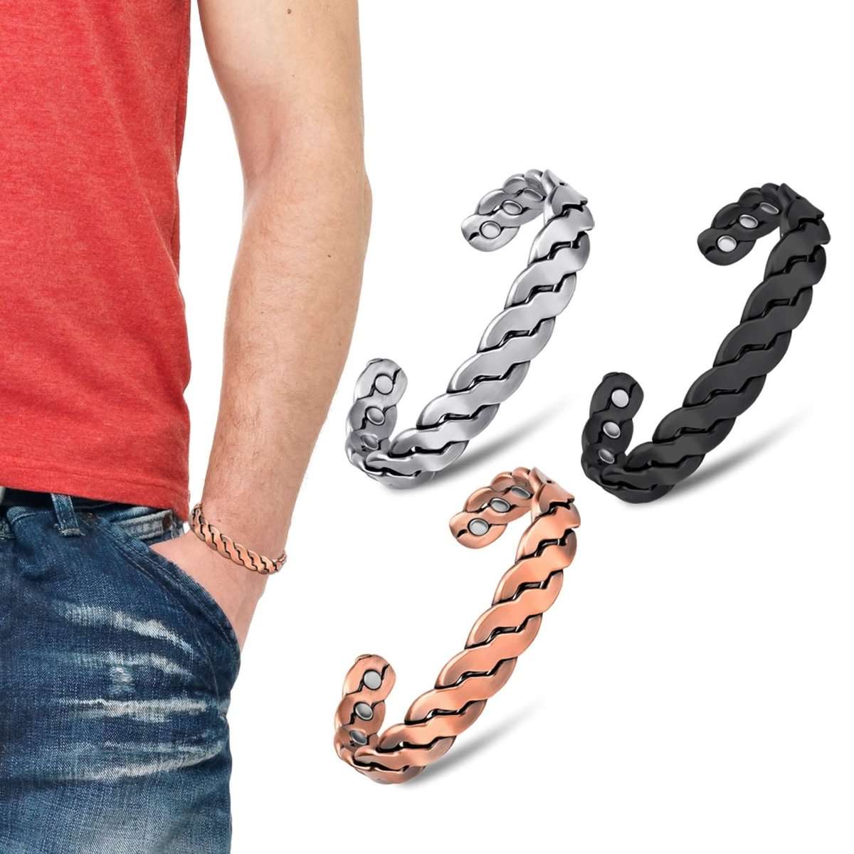 Copper magnetic therapy bracelet with twisted links and round metal magnetic insets