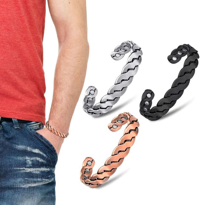 Copper magnetic therapy bracelet with twisted links and round metal magnetic insets