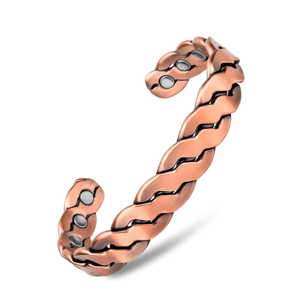 Copper magnetic therapy bracelet bangle with twisted links and circular magnetic insets